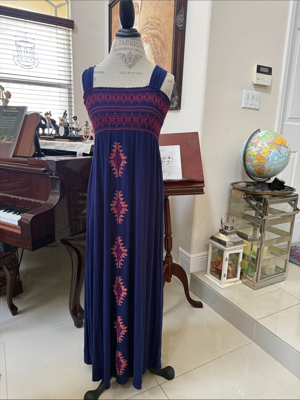 Spense Navy Maxi Dress with Pink Embroidery